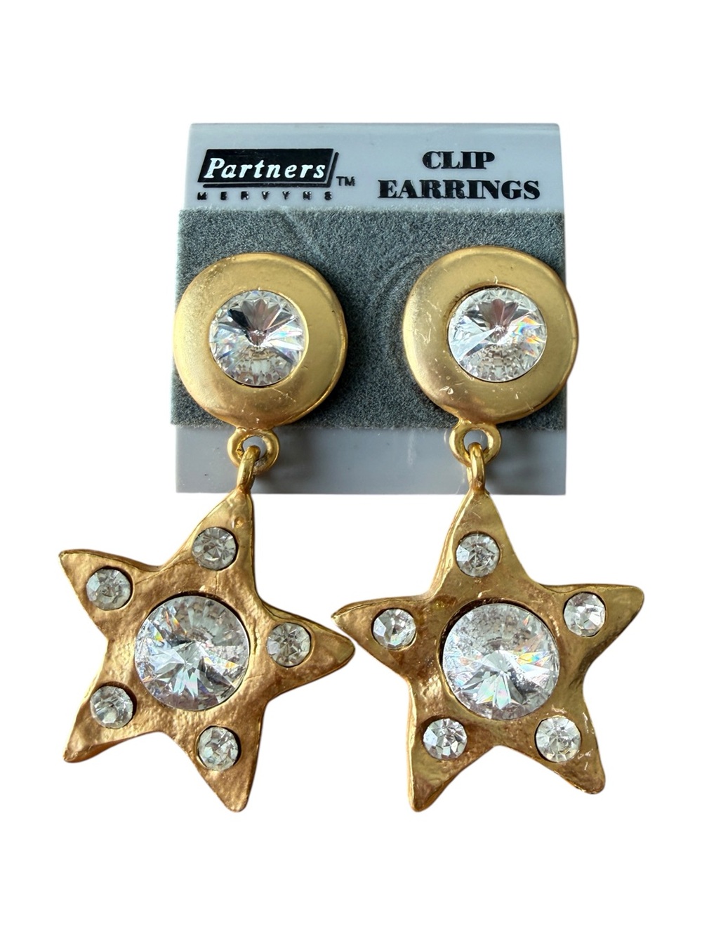 Vintage 1980s Partners Mervyn’s Rhinestone Star Dangle Clip On Earrings NOS